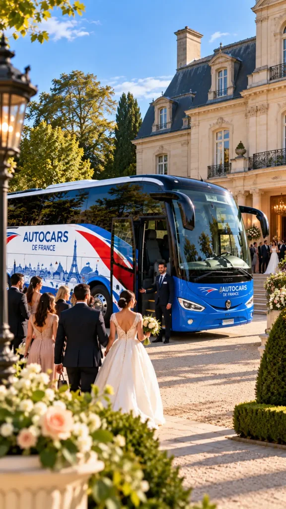 Invités de mariage montant à bord d'un autocar Autocars de France