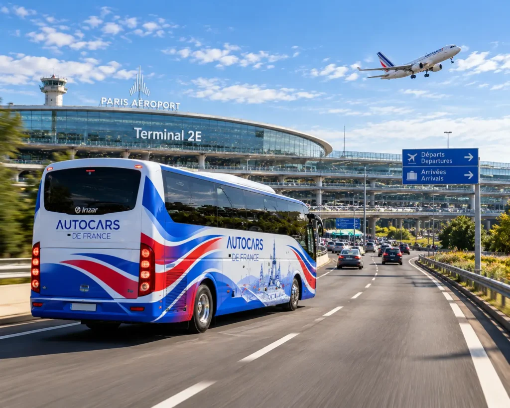Autocar shuttle bus prêt pour un transfert de groupe à l'aéroport | autocars de france