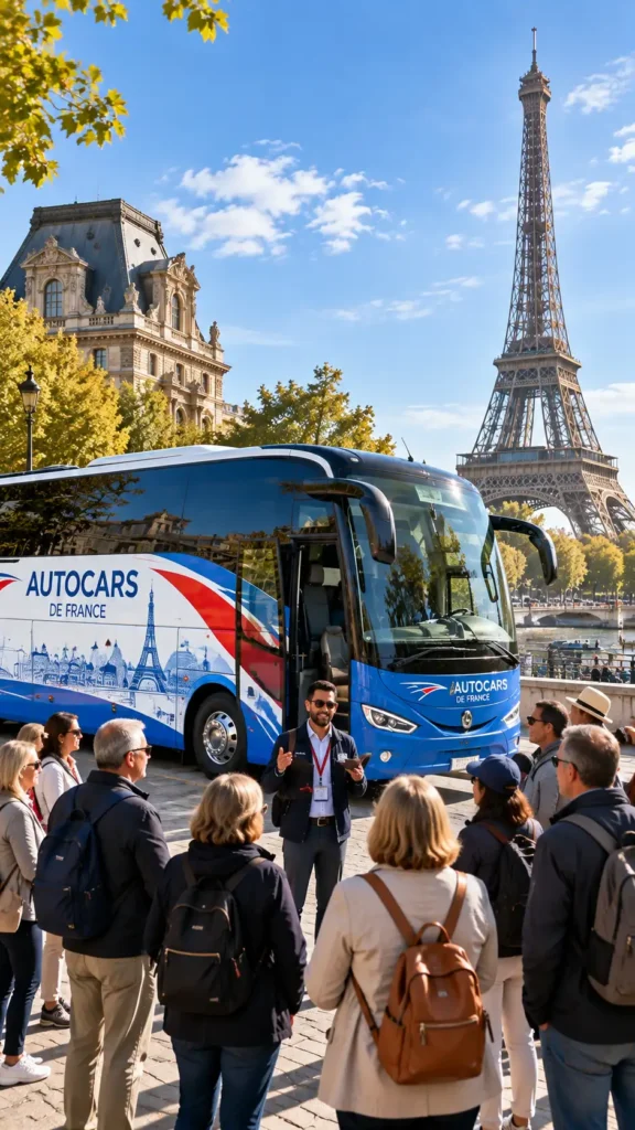Autocar de tourisme garé devant un site touristique | autocars de france
